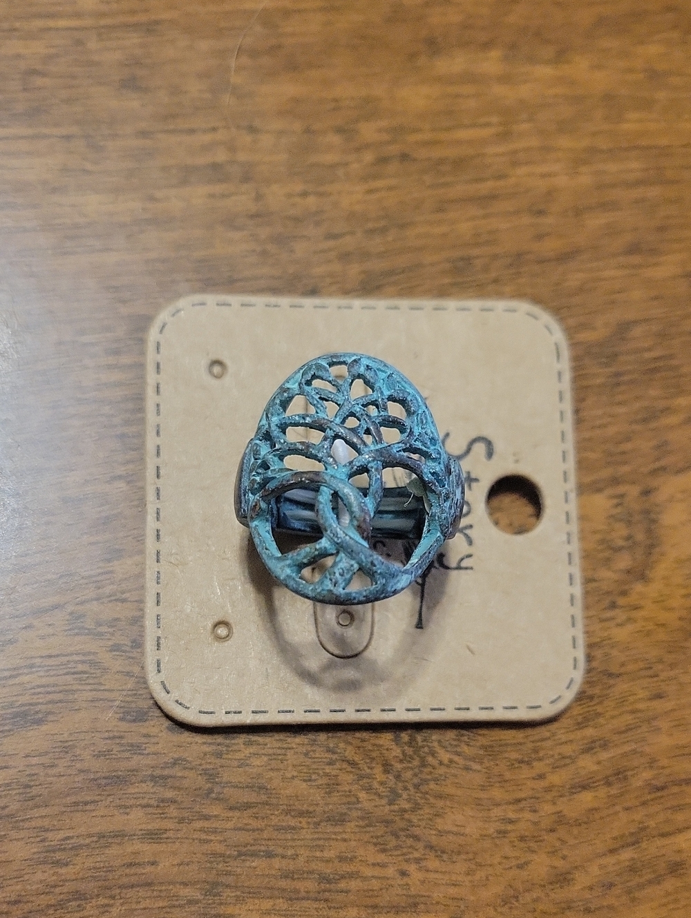 478- Story By DaVinci Turquoise Patina Openwork Tree Of Life Metal Stretch Ring